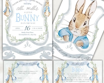 Uitnodiging babyshower Peter Rabbit - A Little Bunny is onderweg - aquarel poederblauwe uitnodiging - luierloterij en boeken voor babykaarten