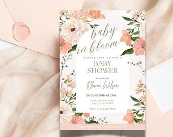 Invitación para baby shower con diseño de bebé en flor, invitación para baby shower con diseño floral en rosa, baby shower de primavera, invitación con diseño de bebé en flor en rosa, invitación digital