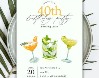 Uitnodiging voor 40e verjaardagsfeestje | Mojito, margarita en cocktailthema | Groene, oranje drankjeuitnodiging | Verjaardagsuitnodiging | Cocktailuitnodiging