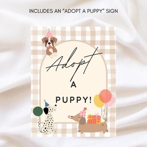 Colorful dog birthday invite with playful dogs holding birthday balloons and wearing hats, surrounded by wrapped presents. Includes a boxer, Dachshund or weiner dog, pug, Dalmatian dog and more. Adopt a dog sign.