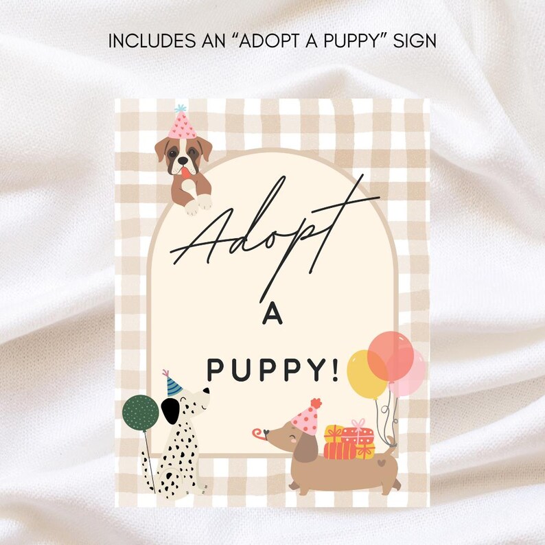 Colorful dog birthday invite with playful dogs holding birthday balloons and wearing hats, surrounded by wrapped presents. Includes a boxer, Dachshund or weiner dog, pug, Dalmatian dog and more. Adopt a dog sign.