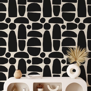 Trendy Minimalist Abstract Wallpaper Peel and Stick, Removable Wallpaper, Black and Beige Wall Mural