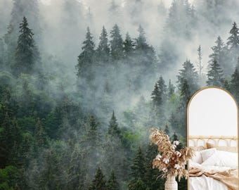 Papel de parede Green Misty Forest: mural de parede removível e autoadesivo