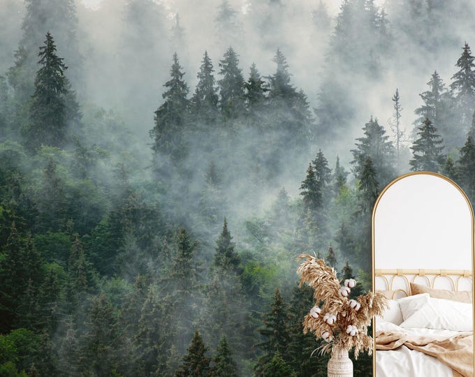 Dark Green Misty Forest Wall Mural, Peel and Stick Wallpaper, Removable ...