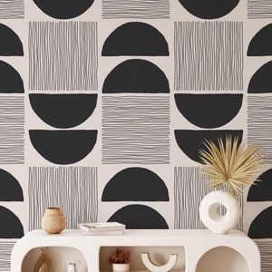 Boho Geometric Abstract Wallpaper Peel and Stick, Removable Wallpaper, Black and Beige Wall Mural