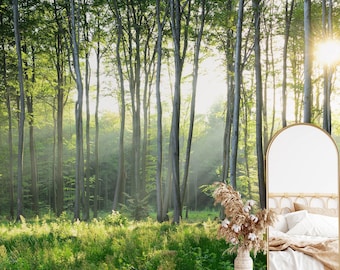 Sunny Forest Wallpaper Peel and Stick, Scenic Landscape Wall Mural, Removable Wallpaper