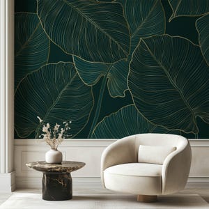 Green and Gold Leaves Wallpaper Peel and Stick, Monstera Leaves and Gold Line Art Wallpaper, Tropical Wall Mural