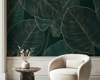 Green and Gold Leaves Wallpaper Peel and Stick, Monstera Leaves and Gold Line Art Wallpaper, Tropical Wall Mural