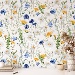 Papier peint fleurs sauvages aquarelle, papier peint botanique, décoration florale douce et colorée