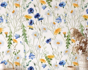 Watercolor Wildflowers Wallpaper Peel and Stick, Botanical Wallpaper, Soft Colorful Florals Wall Mural