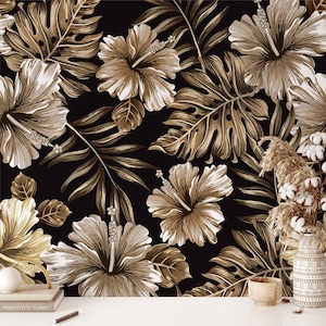Brown Florals Wallpaper Peel and Stick, Dark Botanical Wallpaper, Dark Florals Wallpaper