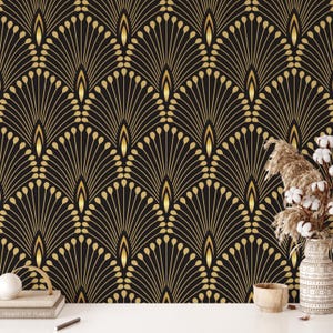 Black and Gold Art Deco Wallpaper Peel and Stick, Removable Wallpaper, Geometric Wallpaper
