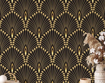 May include: Black and gold geometric wallpaper with an art deco pattern. The pattern features a repeating design of stylized fans with gold accents.