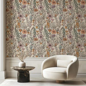 Boho Wild Florals Wallpaper, Botanical Wallpaper, Flower Wall Mural, Peel and Stick Floral Wallpaper