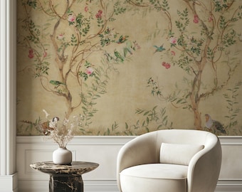 Chinoiserie Wallpaper Peel and Stick, Spring Blossom Wall Mural, Removable Wallpaper, Watercolor Peony Tree