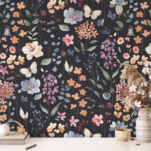 Watercolor Dark Wildflowers Wallpaper Peel and Stick, Botanical Wallpaper, Soft Florals Wall Mural