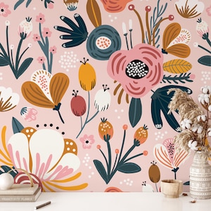 Bellissimi fiori e foglie da parati staccare e attaccare, murale per la cameretta dei bambini, carta da parati floreale scandinava