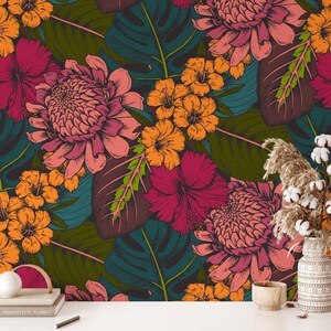 Floral Palm Leaf Wallpaper Colorful Botanical Wall Mural Peel and Stick