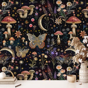 Nachtgarten-Tapete, mystische Mottenmagie Witchy Blumen-Pee and Stick-Tapete, dunkle botanische Pilz-Tapete, skurriles Wandbild