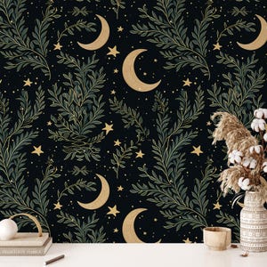 Celestial Skies Witchy Wallpaper zum Abziehen und Aufkleben, Magischer Mond Wallpaper, Dunkelgrüne Blätter Wallpaper