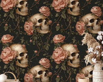 Dark Floral Skull Wallpaper: Schälen und Stick entfernbare Tapete