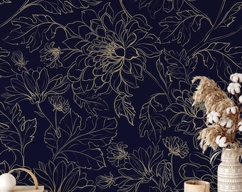 Golden Floral Peel and Stick Wallpaper: Dark Botanical Peony