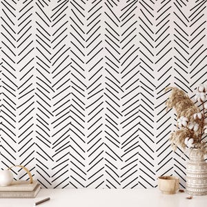 Black Herringbone Wallpaper Peel and Stick, Removable Wallpaper, Minimalist Wallpaper