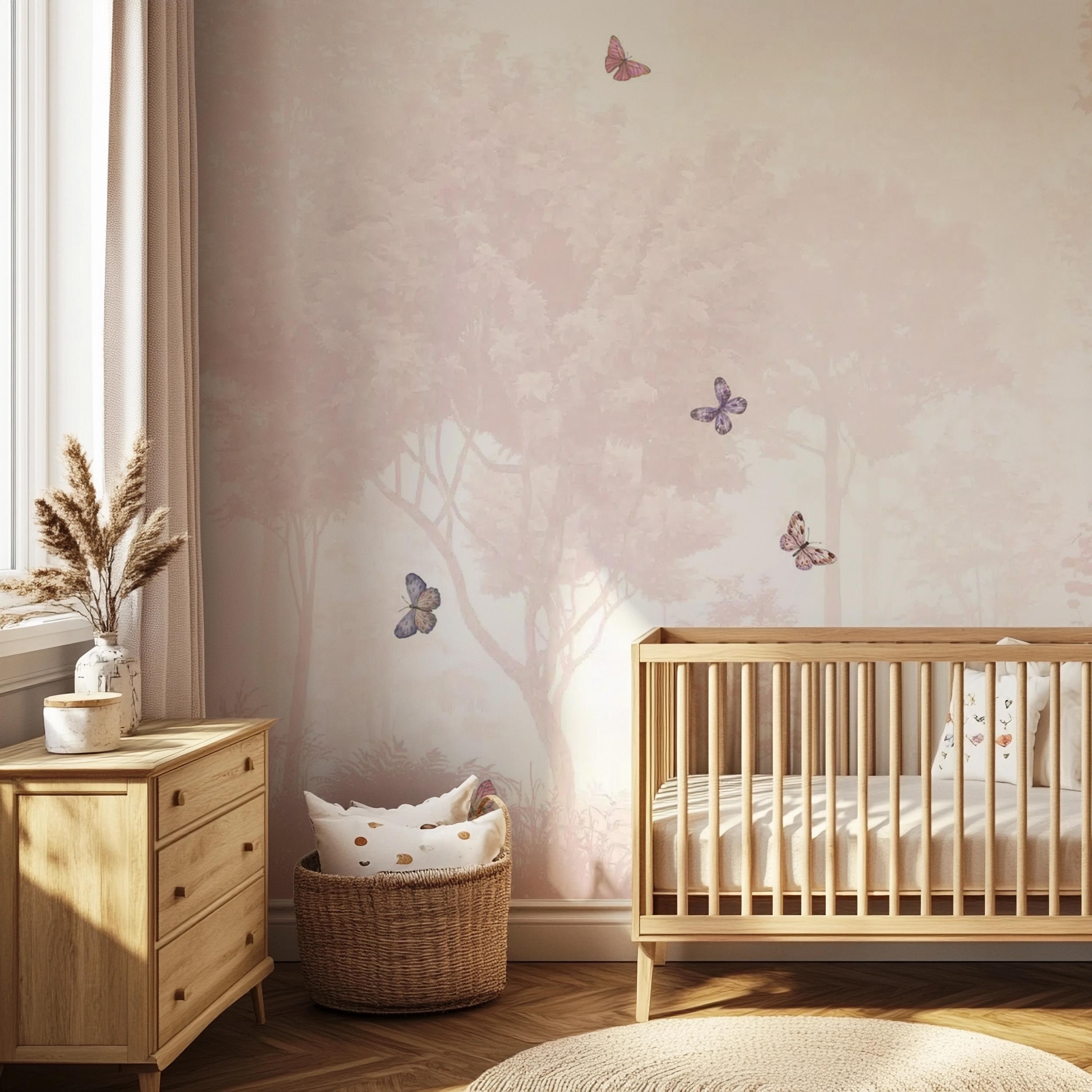 Pastel Pink Butterfly Wallpaper Mural: Scenic Peel and Stick Nursery ...