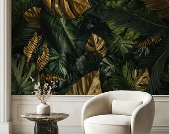 Tropical Green Leaves Peel and Stick Wallpaper: Gold Leaf Wall Mural