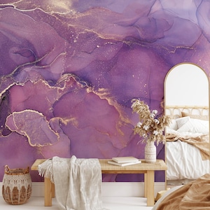 Purple and Gold Marble Abstract Wallpaper Peel and Stick, Marble Texture Wall Mural, Removable Wallpaper