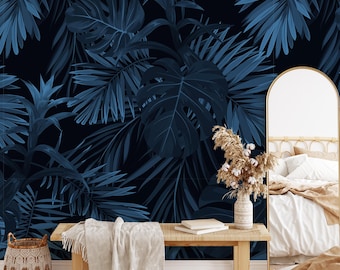 Blue Tropical Leaves Wallpaper Peel and Stick Wall Mural