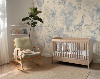 Blue Safari Animals Toile Wallpaper: Kids Nursery Wall Mural