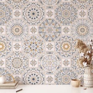 Carta da parati con piastrelle ad acquerello, staccabile e attaccabile, carta da parati rimovibile, carta da parati per il bagno, murale con piastrelle azulejos portoghesi