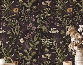 Dark Botanical Wallpaper Peel and Stick, Dark Floral and Leaves Wall Mural, Removable Wallpaper
