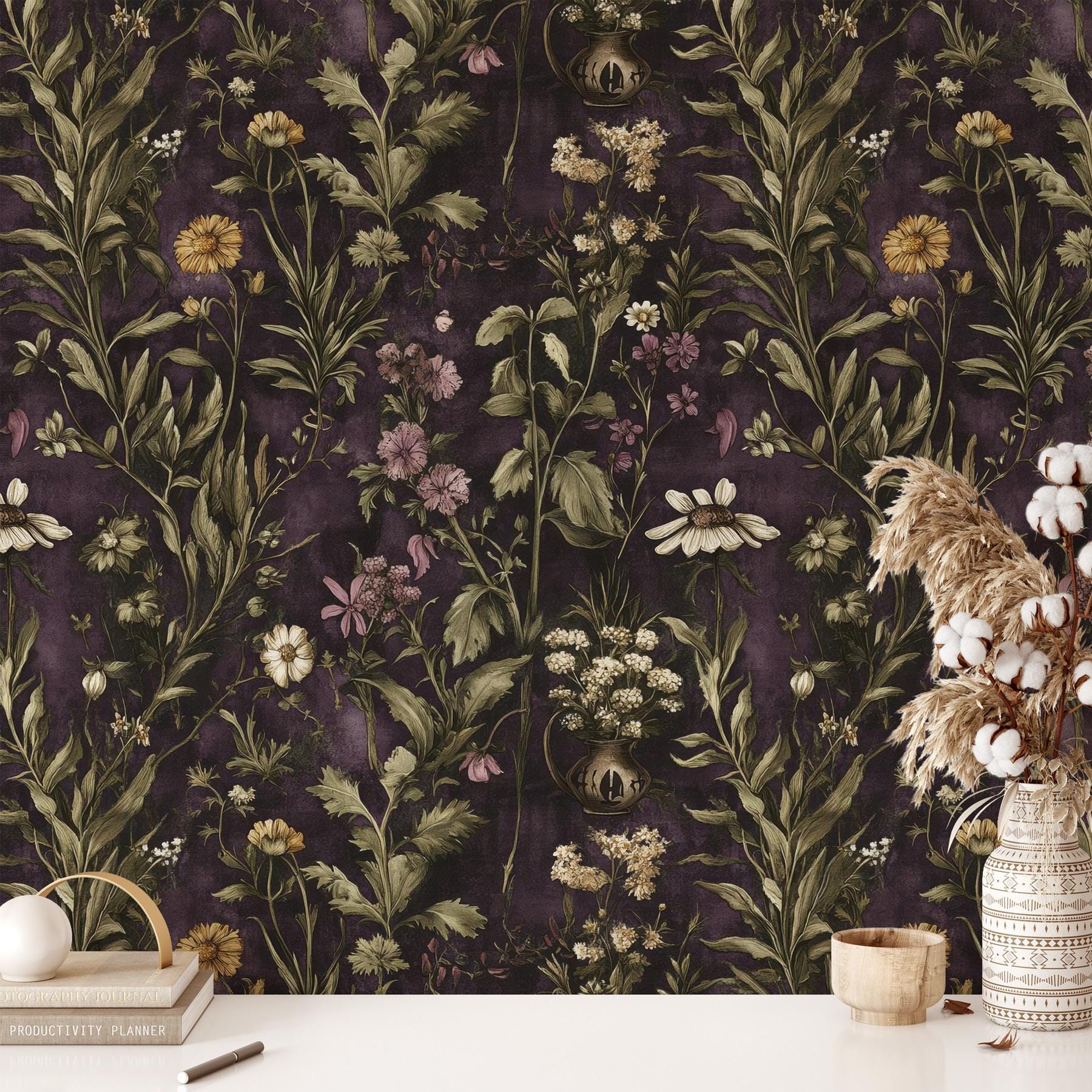 Dark Floral Peel and Stick Wallpaper: Botanical Wall Mural - Etsy