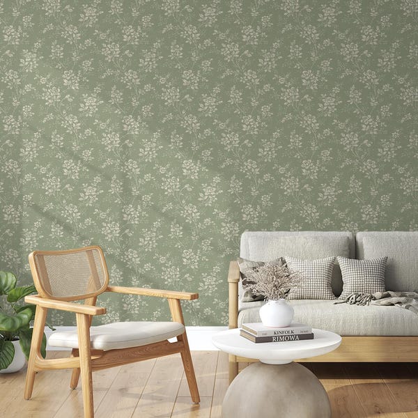 Behang met groene roos: botanische wilde bloemen