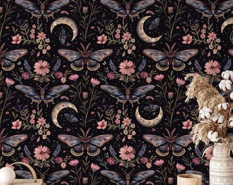 Moth and Floral Peel and Stick Wallpaper Night Garden Wall Mural