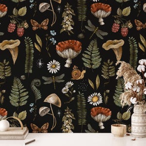 Dark Forest Mushroom Wallpaper Peel and Stick, Dark Botanical Wallpaper, Removable Wallpaper
