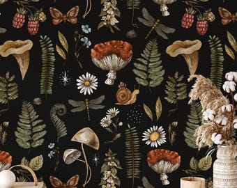 Dark Botanical Mushroom Wallpaper: Forest Peel and Stick, Removable