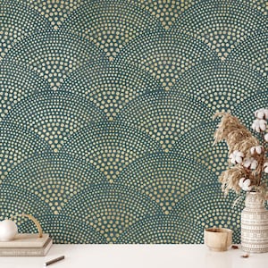 Blaue und Gold Art Deco Tapete zum Schälen und Aufkleben, Geometrische Tapete, Abnehmbare Tapete, Ornamentale Tapete