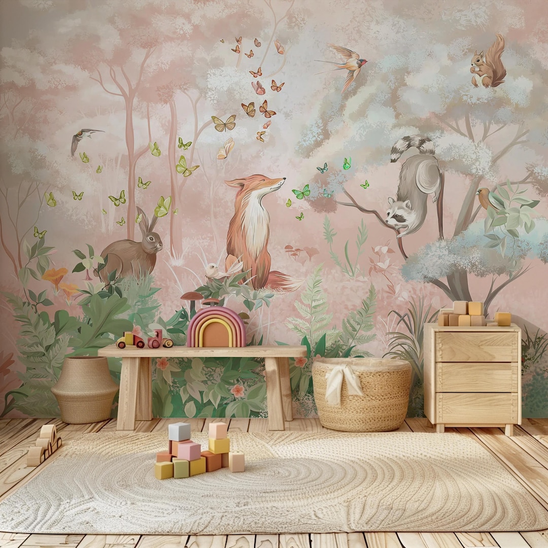 Pink Forest Peel and Stick Wallpaper - Nursery Wall Mural - Etsy