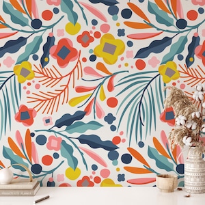 Carta da parati con fiori e foglie colorate, stacca e attacca, murale con fiori da giardino, carta da parati con fiori scandinavi