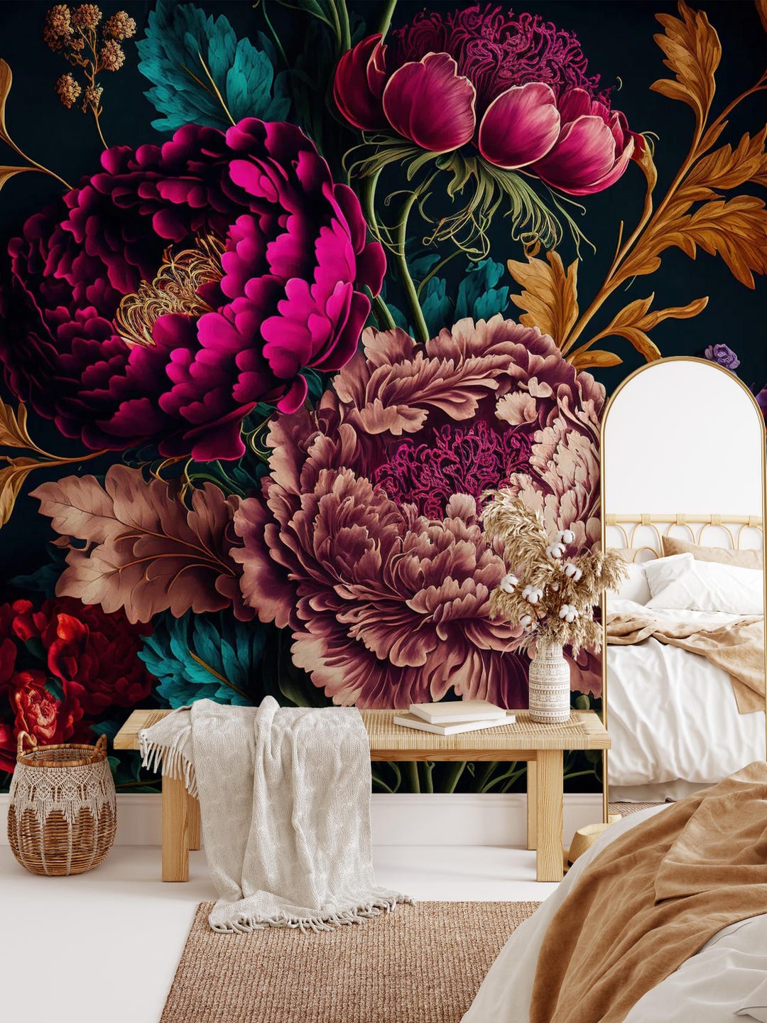Dark Peony Floral Wallpaper: Peel and Stick Wall Mural - Etsy