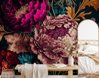 Dark Peony Floral Wallpaper: Peel and Stick Wall Mural