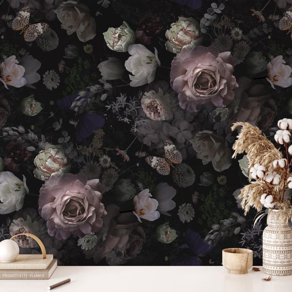 Peony Flower Wallpaper, Peel And Stick Wallpaper, Dark Floral Wall