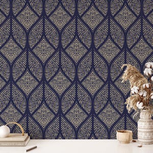 Carta da parati Art Déco blu navy e oro staccabile e attaccabile, carta da parati rimovibile, carta da parati geometrica