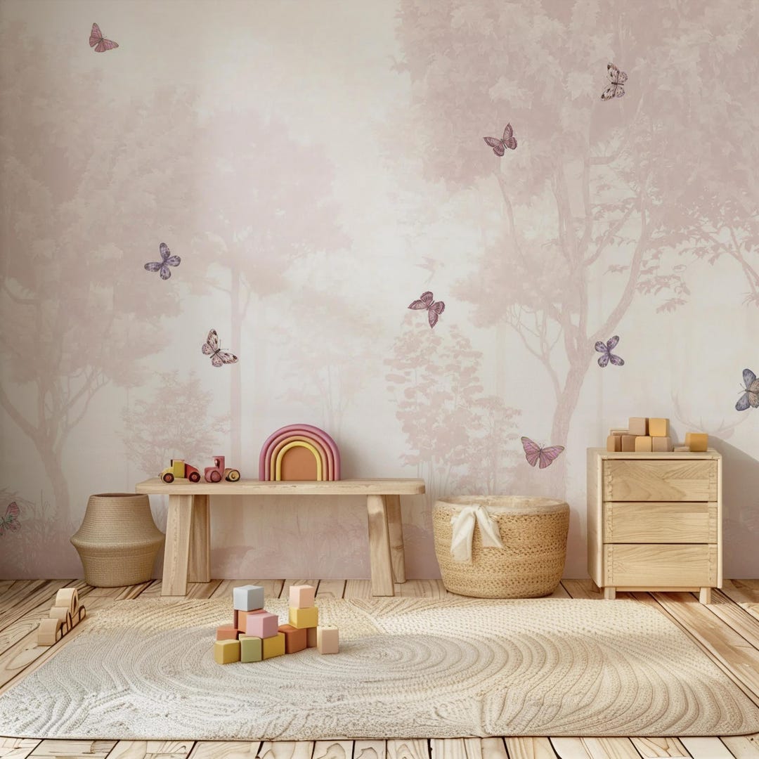 Pastel Pink Butterfly Wallpaper Mural: Scenic Peel and Stick Nursery ...