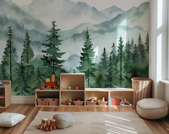 Watercolor Mountain Pine Tree Mural - Peel and Stick Wallpaper
