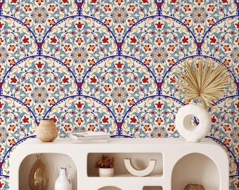 Art Deco Peel and Stick Wallpaper: Floral Mughal Design