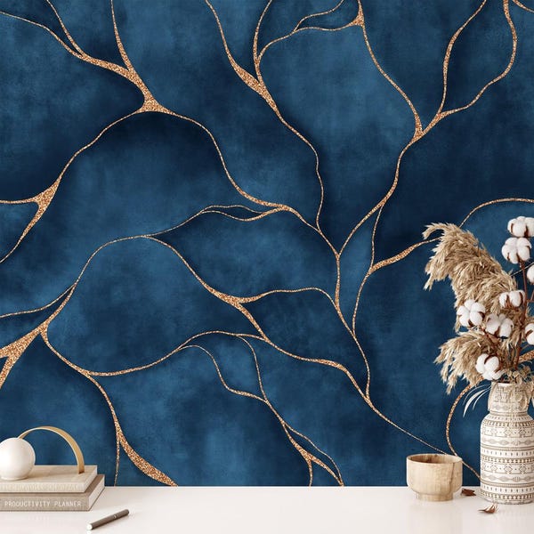 Navy Blue Art Deco Marble Wallpaper: Peel and Stick Removable